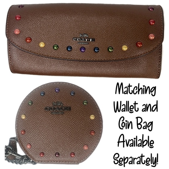 COACH ROUND COIN CASE RAINBOW RIVETS 
DARK SADDLE PRIDE ANTIQUE NICKEL F31574 - Picture 11 of 11
